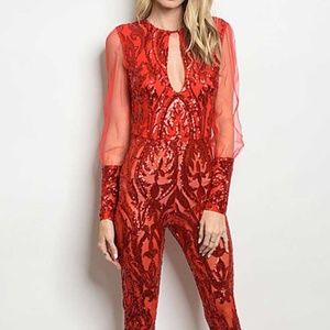 red sequin jumpsuit tulle mesh sleeve